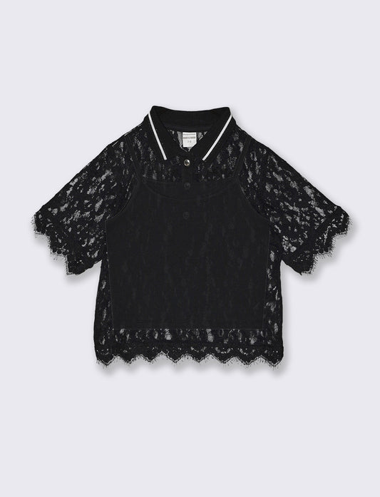 T-shirt polo doppio strato in pizzo - Nero