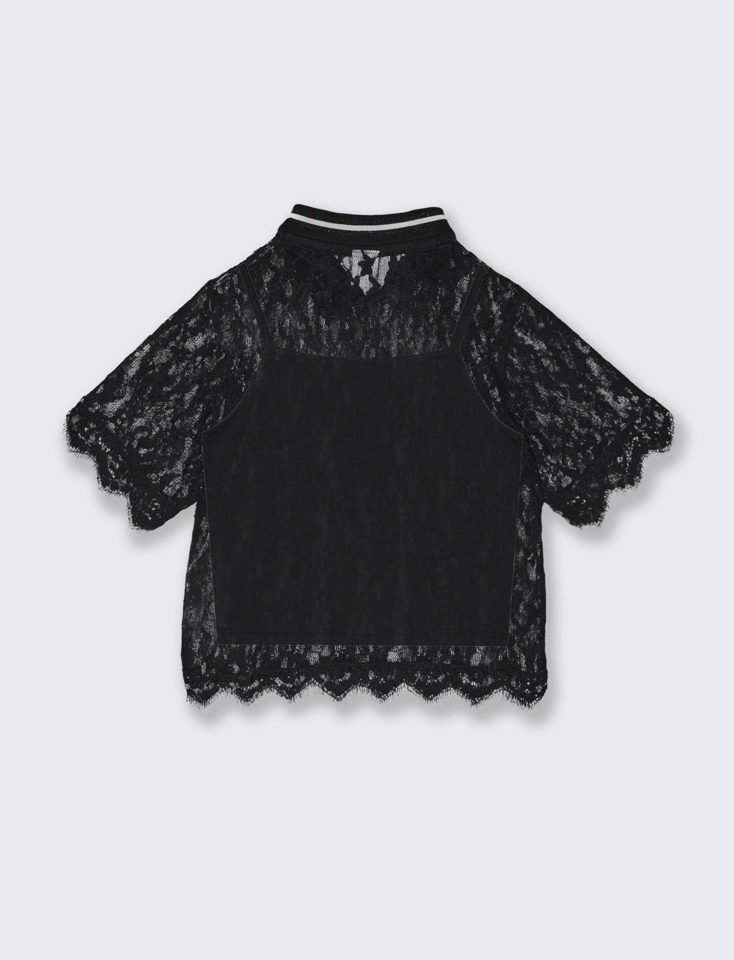 T-shirt polo doppio strato in pizzo - Nero
