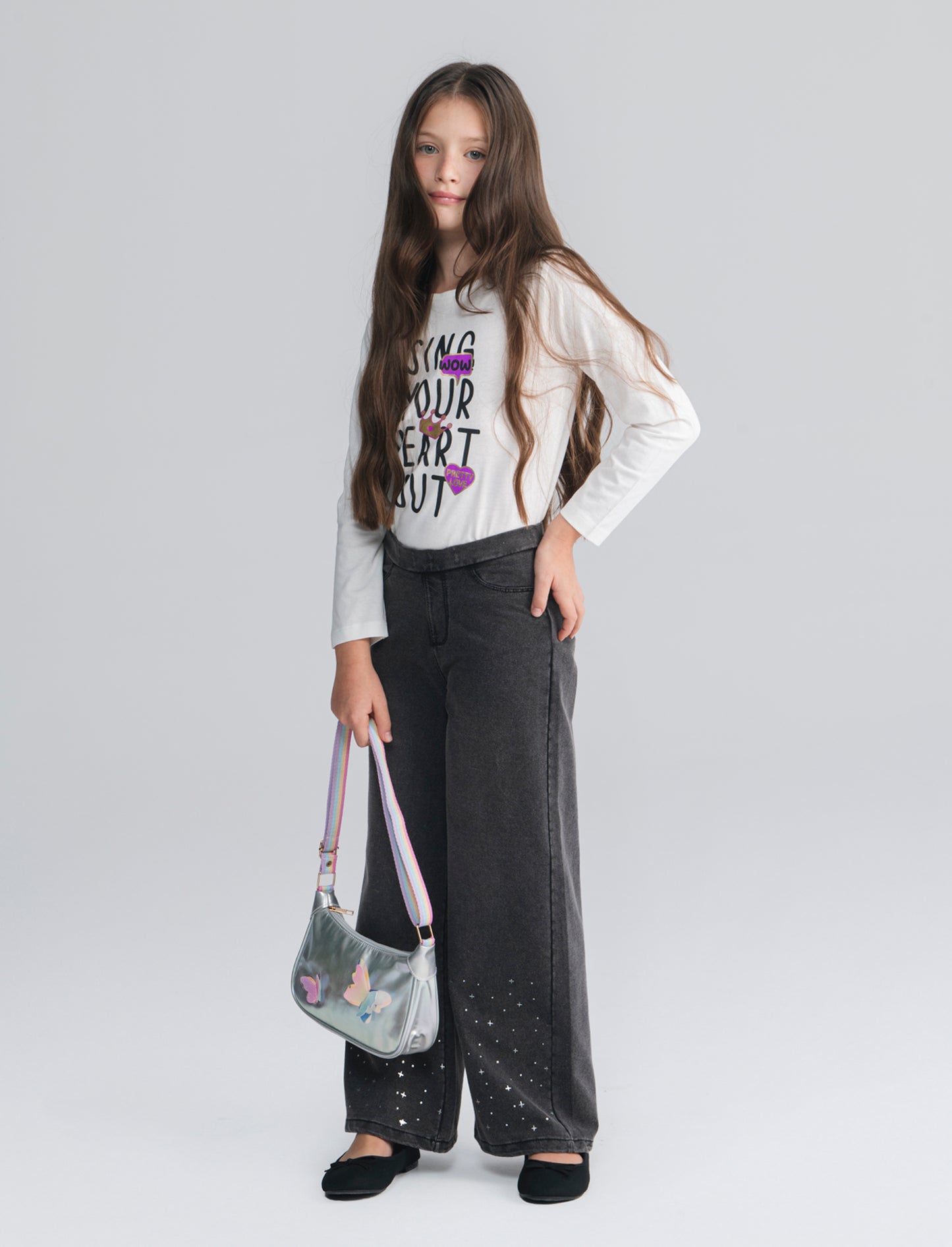 Leggings gamba larga effetto denim bimba - Grigio scuro