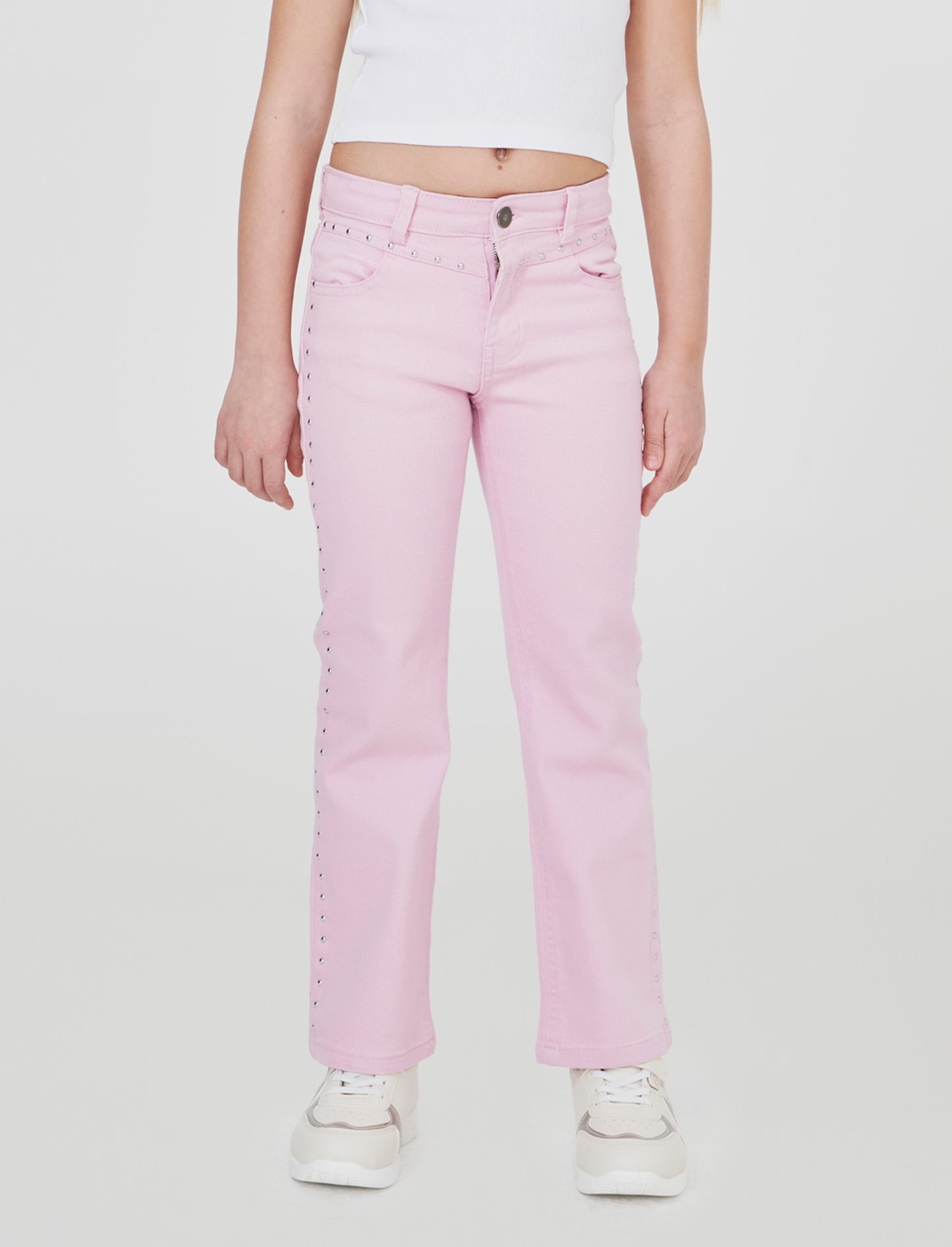 Pantalone flare in denim con borchiette - Rosa