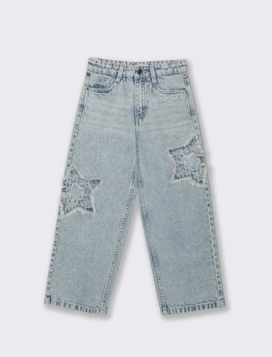 Jeans gamba larga con patch stella glamour - Denim
