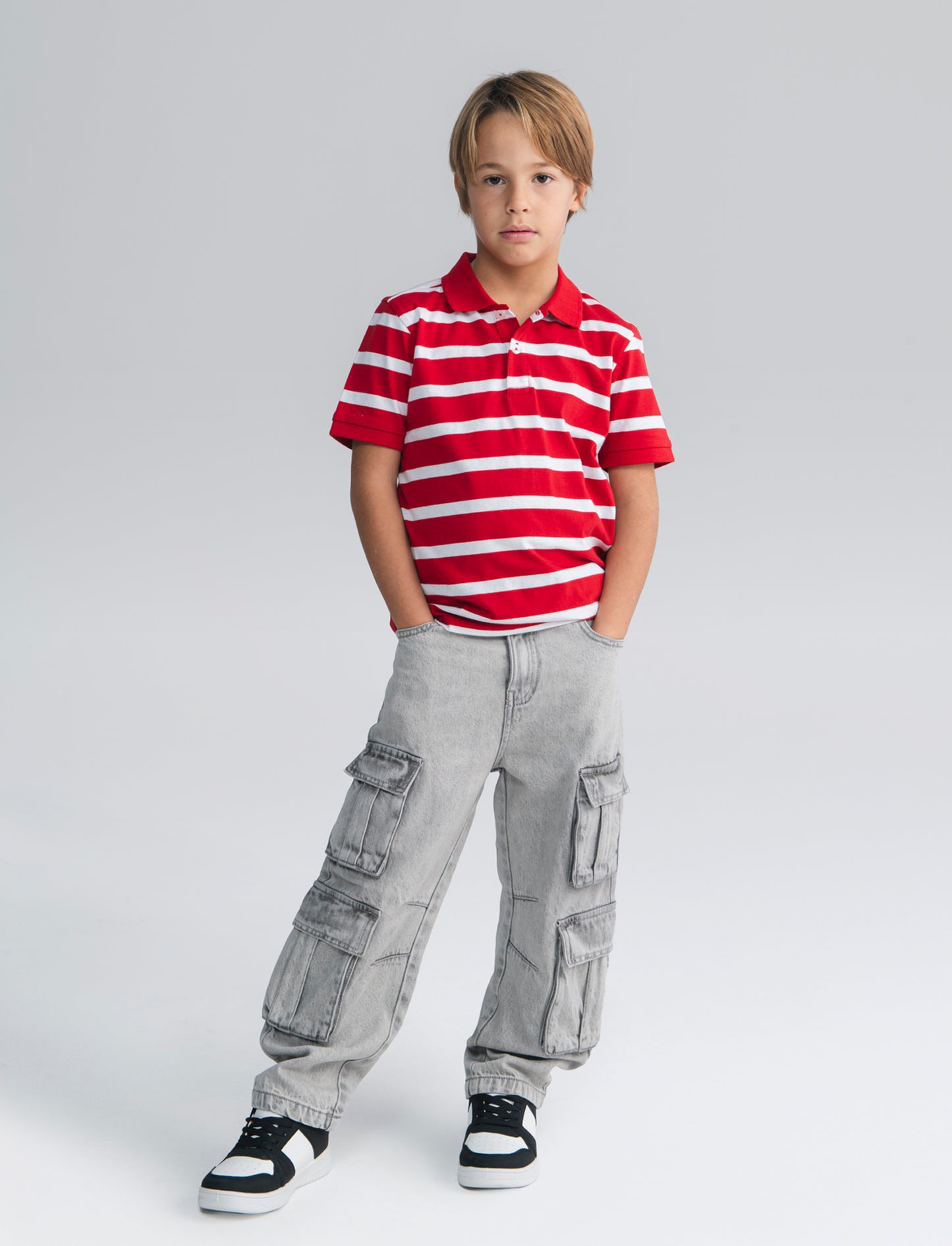 Polo mezza manica a righe in cotone - Rosso