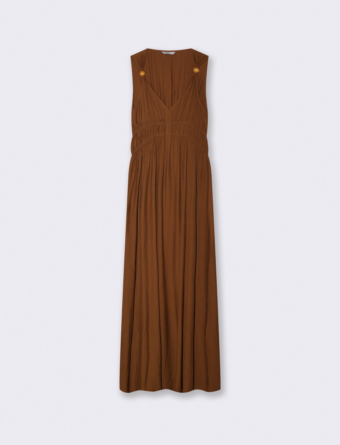 Vestito lungo con scollo a V e arricciato - Marrone tabacco