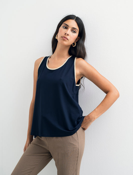 TOP VISCOSA CON DETTAGLI A CONTRASTO LUREX - Blu