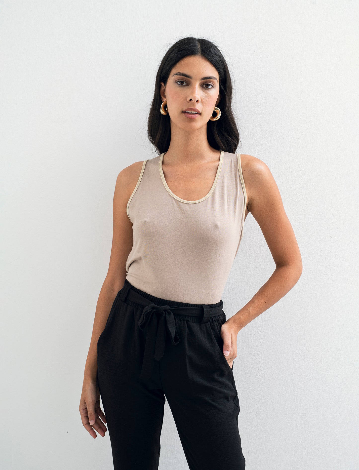 TOP VISCOSA CON DETTAGLI A CONTRASTO LUREX - Beige