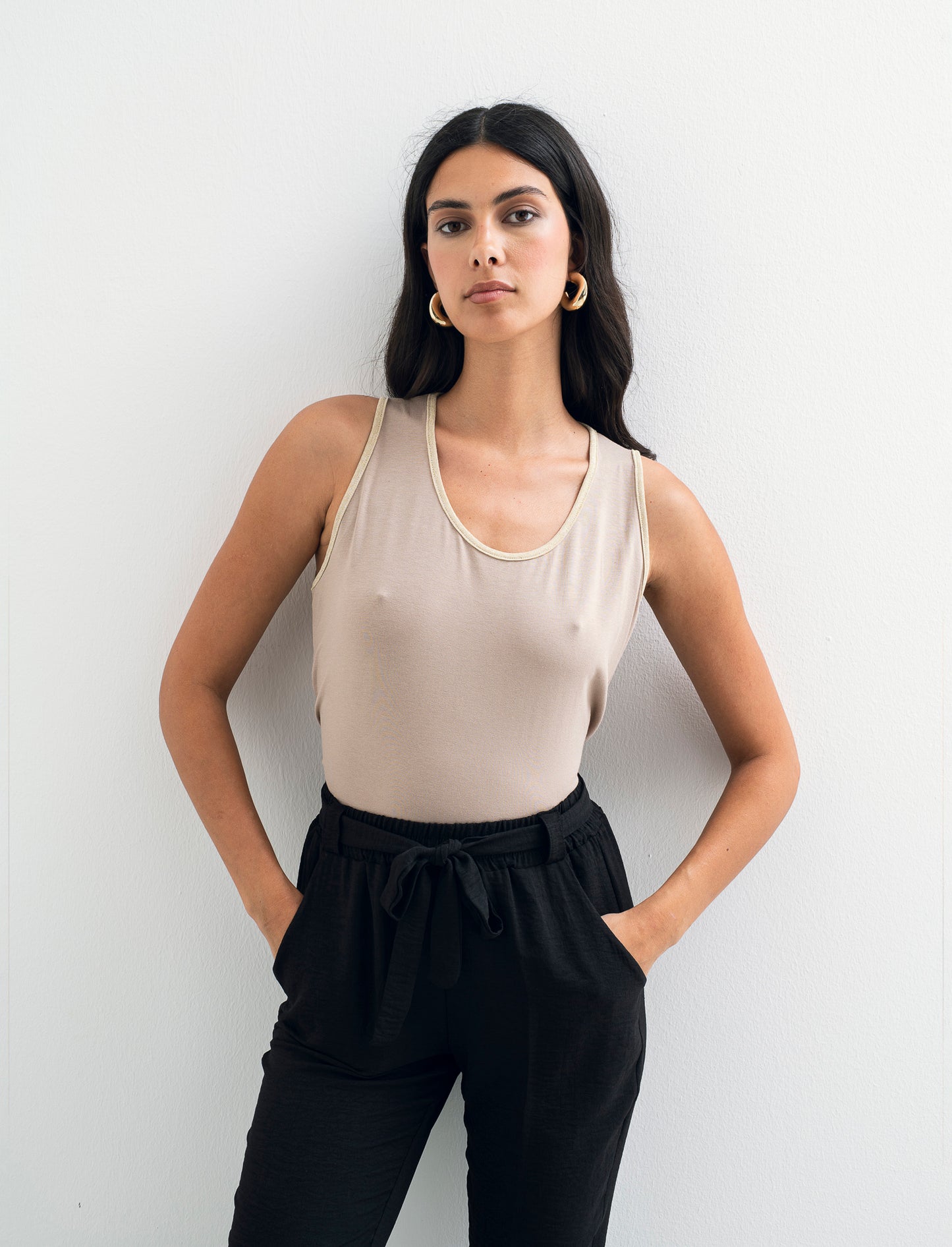 TOP VISCOSA CON DETTAGLI A CONTRASTO LUREX - Beige