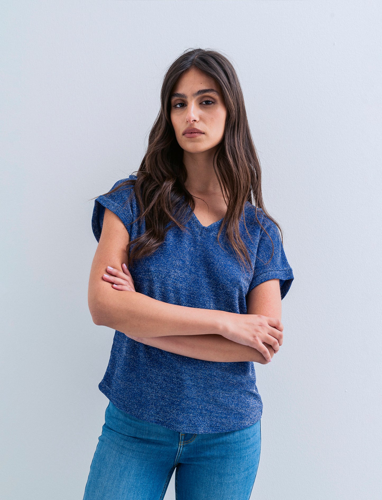 TSHIRT IN TESSUTO LUREX CON SCOLLO A V - Blu