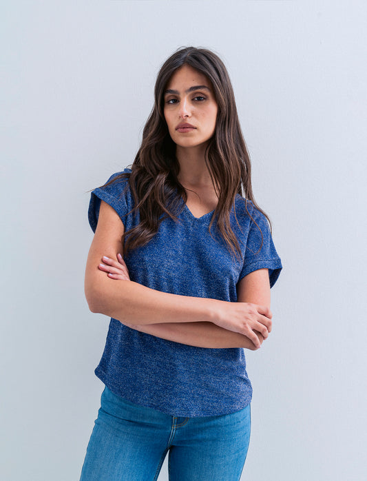 TSHIRT IN TESSUTO LUREX CON SCOLLO A V - Blu