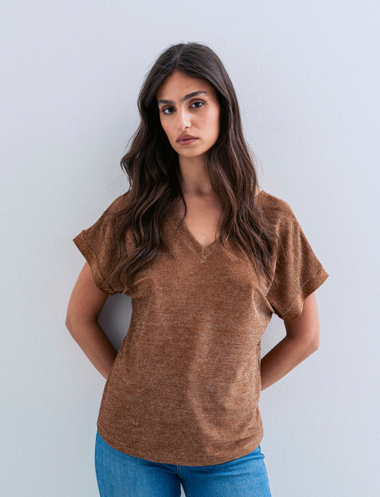 TSHIRT IN TESSUTO LUREX CON SCOLLO A V - Marrone tabacco