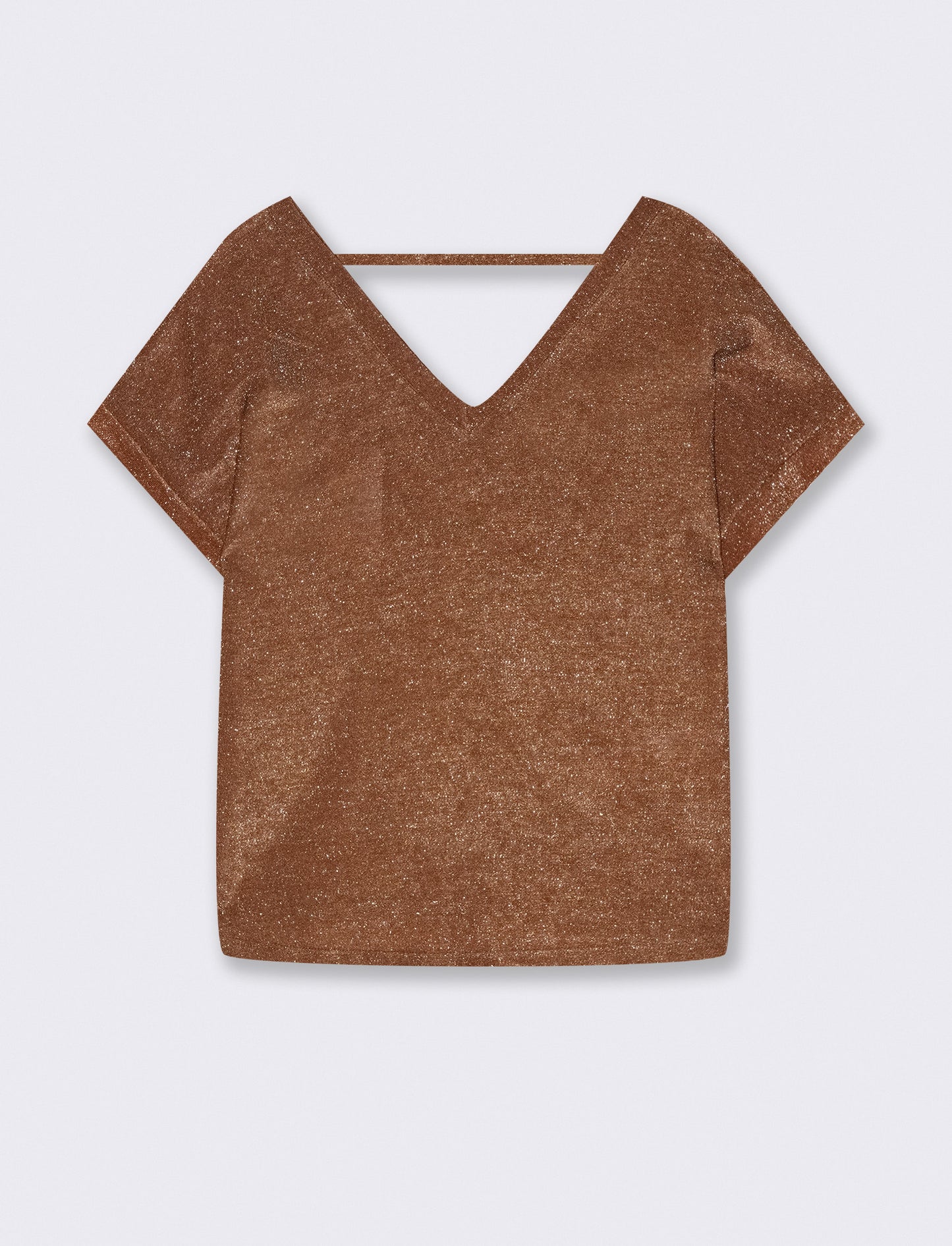 TSHIRT IN TESSUTO LUREX CON SCOLLO A V - Marrone tabacco