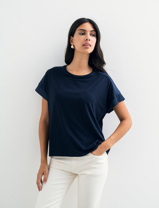 Top stampato sul davanti con scollo sciallato - Blu