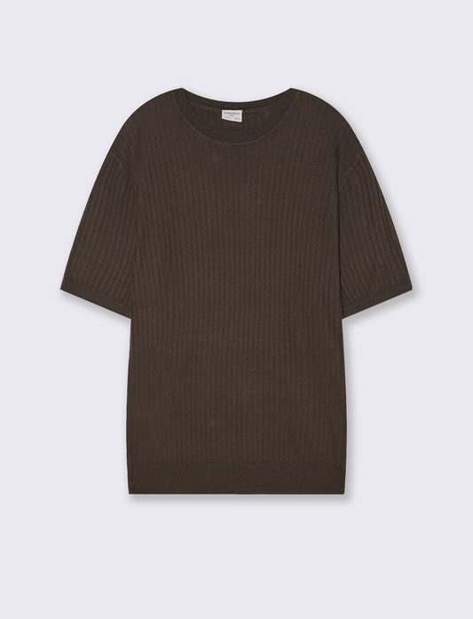 T-shirt girocollo in maglia a coste - Moro