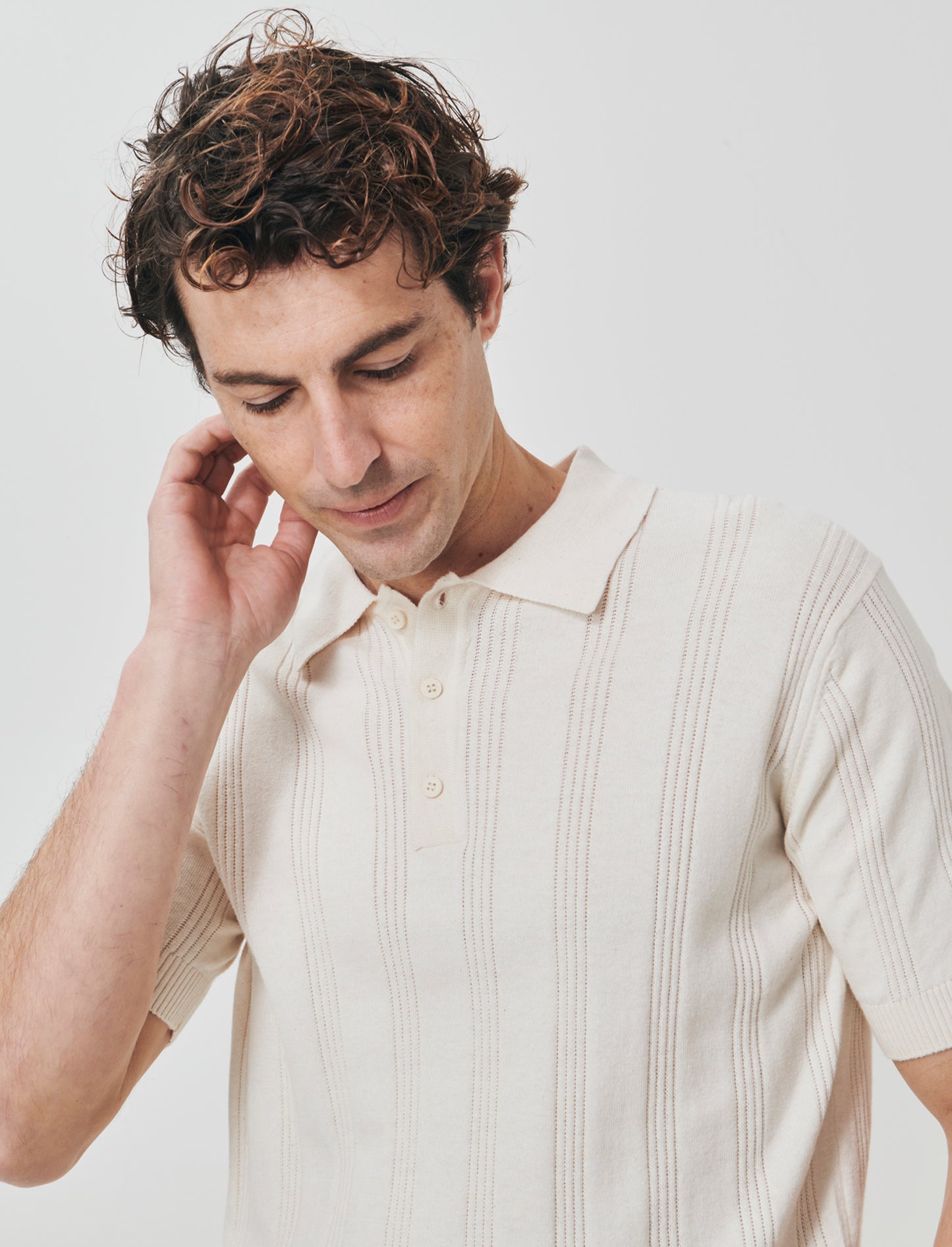 Polo in Maglia Jacquard a Maniche Corte - Beige ecru