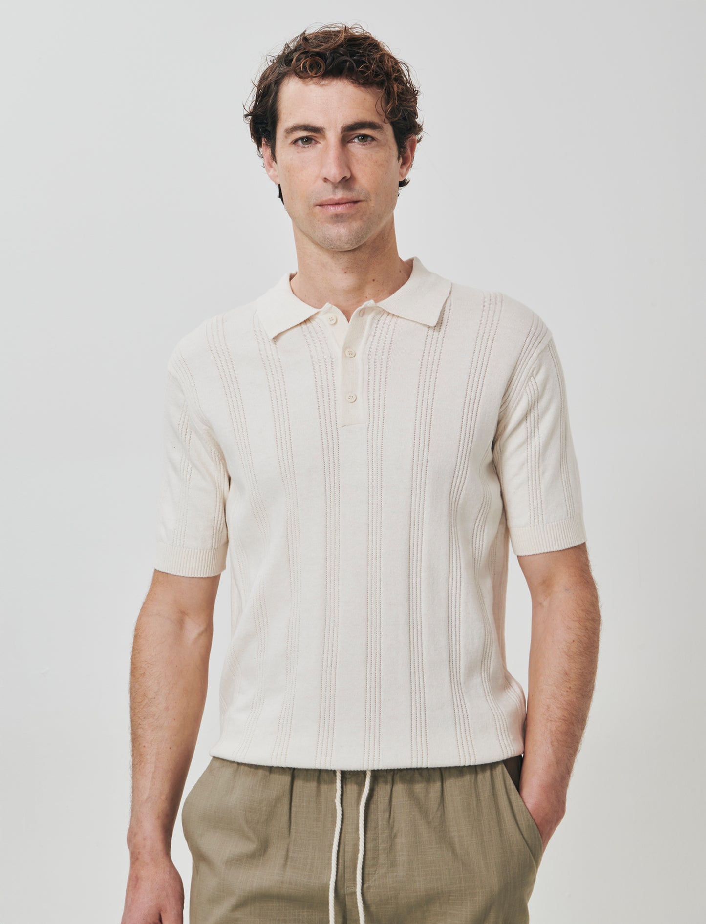 Polo in Maglia Jacquard a Maniche Corte - Beige ecru