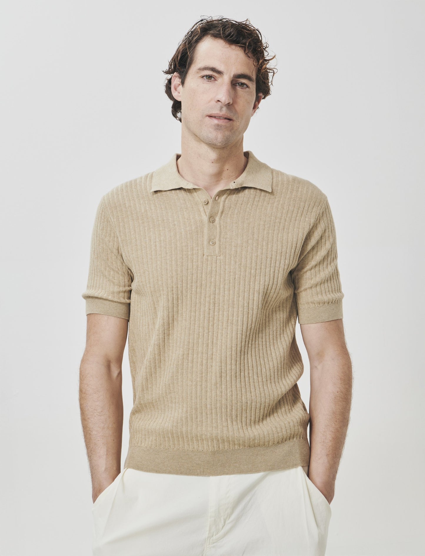 Polo in Maglia di Cotone a Coste - Beige