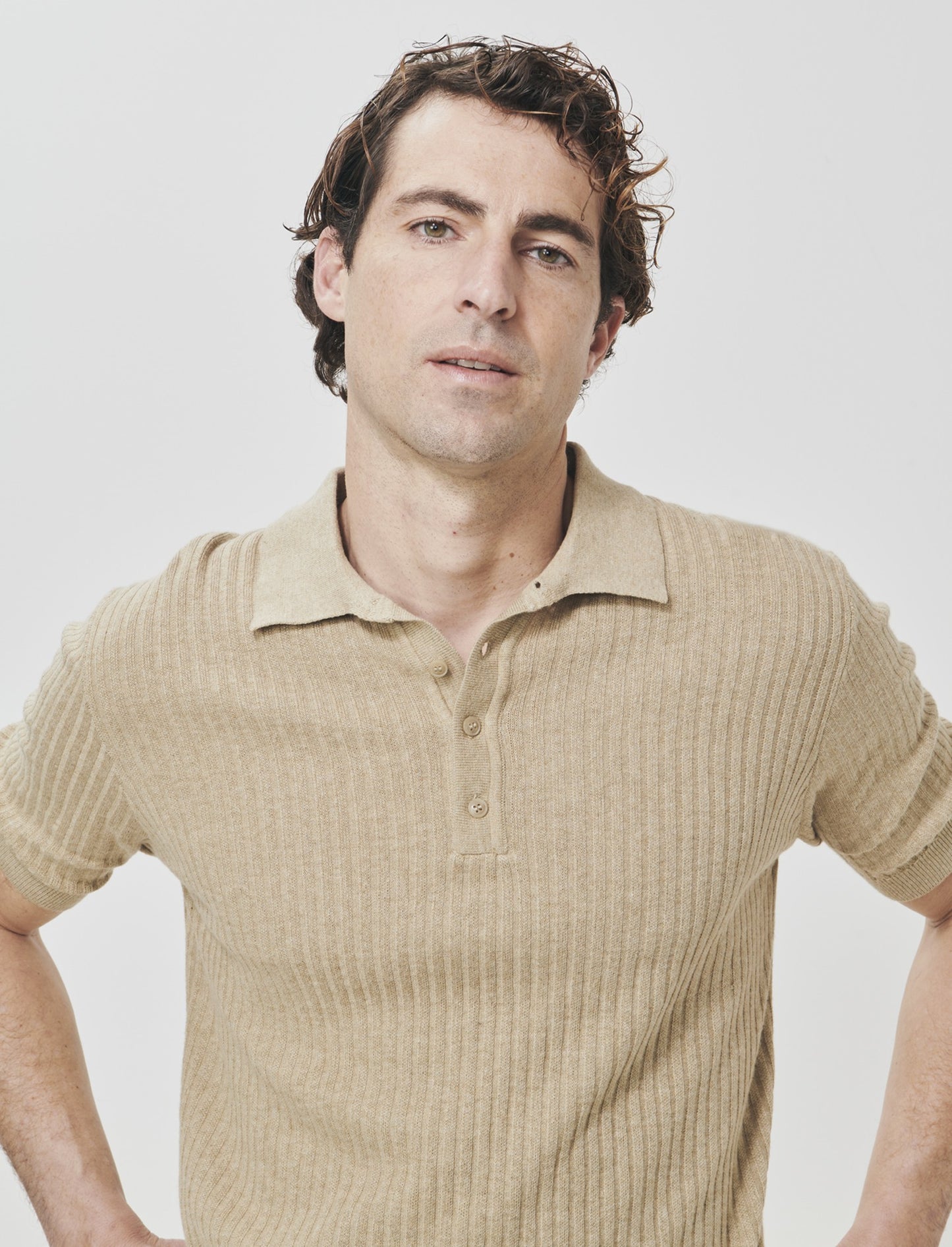 Polo in Maglia di Cotone a Coste - Beige