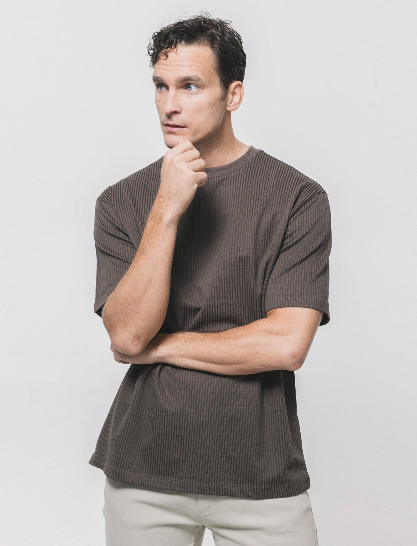 T-shirt girocollo in cotone jacquard - Moro
