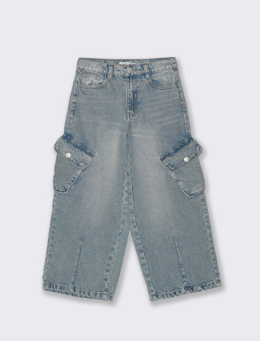 Jeans cargo ampi con tasconi laterali - Denim chiaro