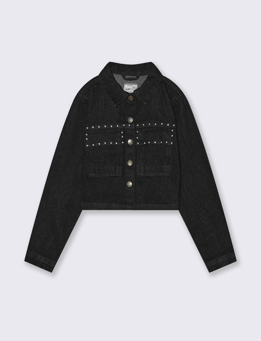Giubbino denim cropped con borchie glamour - Nero