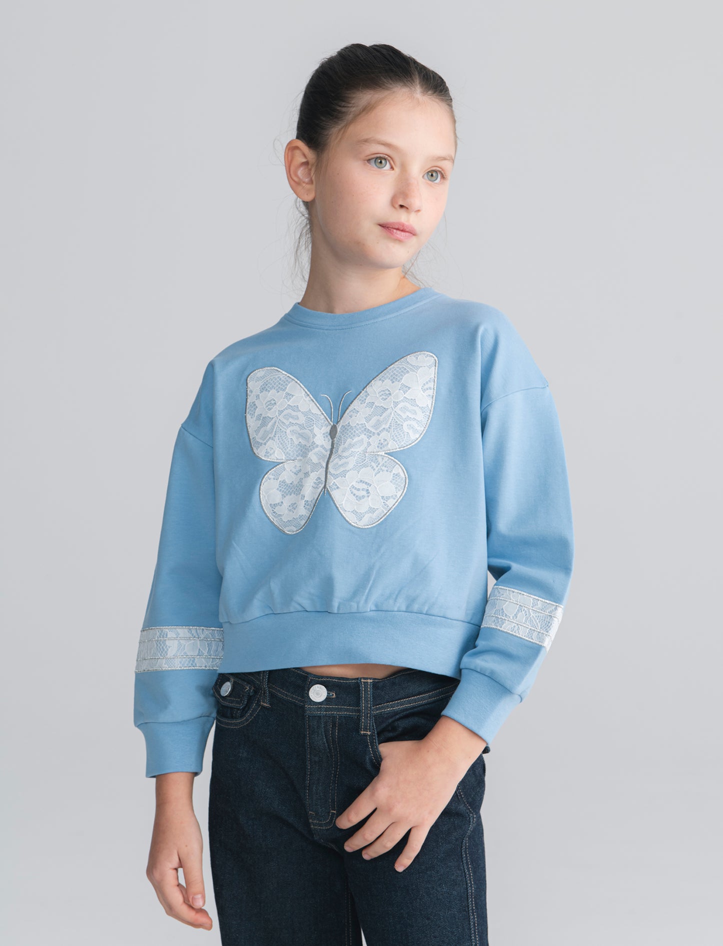 Felpa girocollo con pizzo elegante - Azzurro