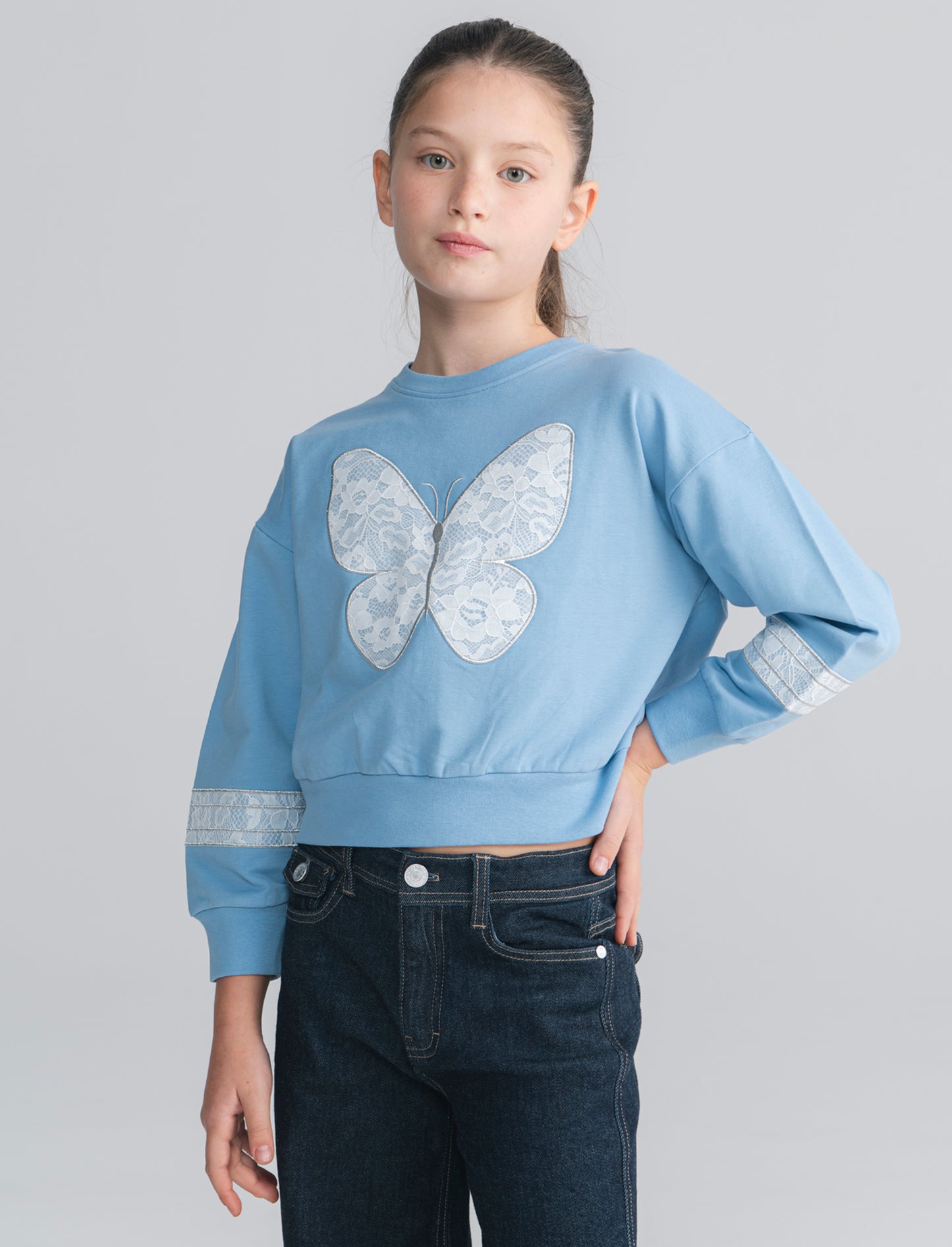 Felpa girocollo con pizzo elegante - Azzurro