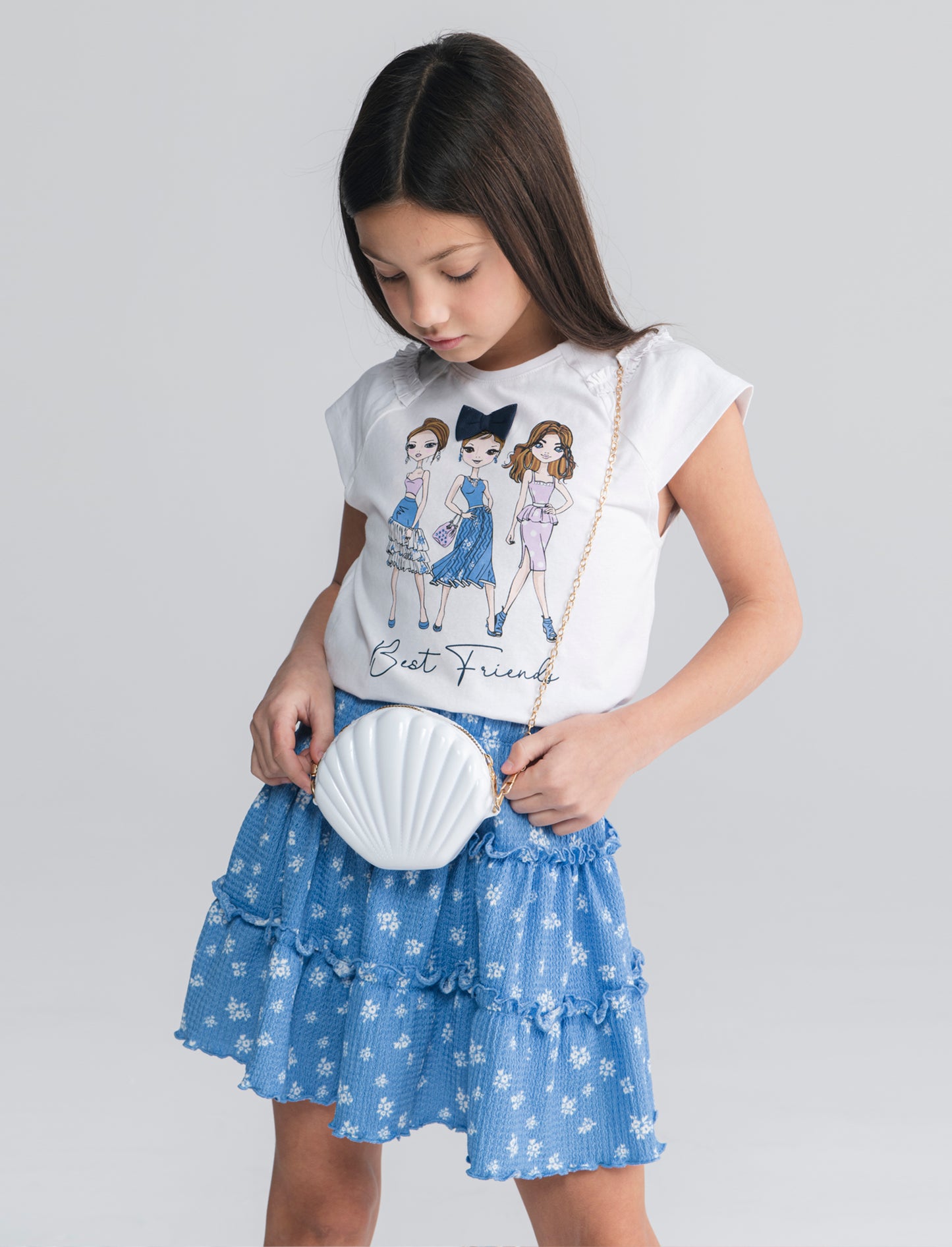 Completo t-shirt e short finta gonna bambina - Bianco-blu