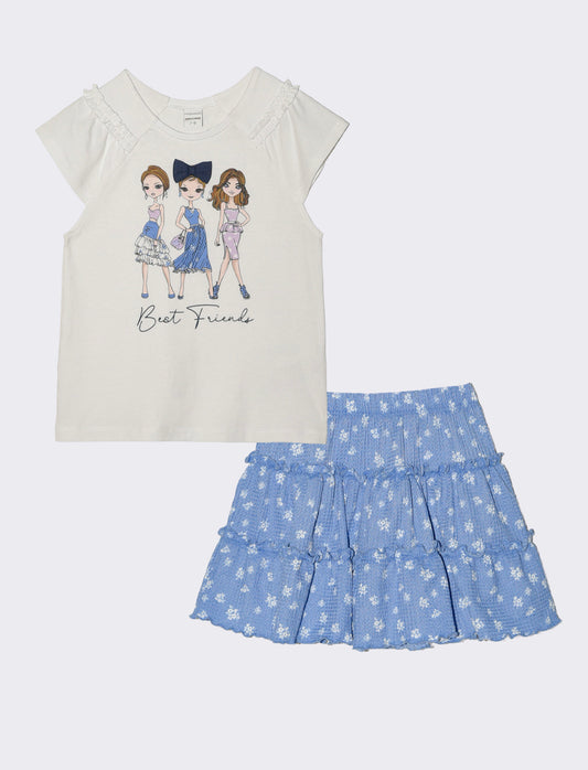 Completo t-shirt e short finta gonna bambina - Bianco-blu