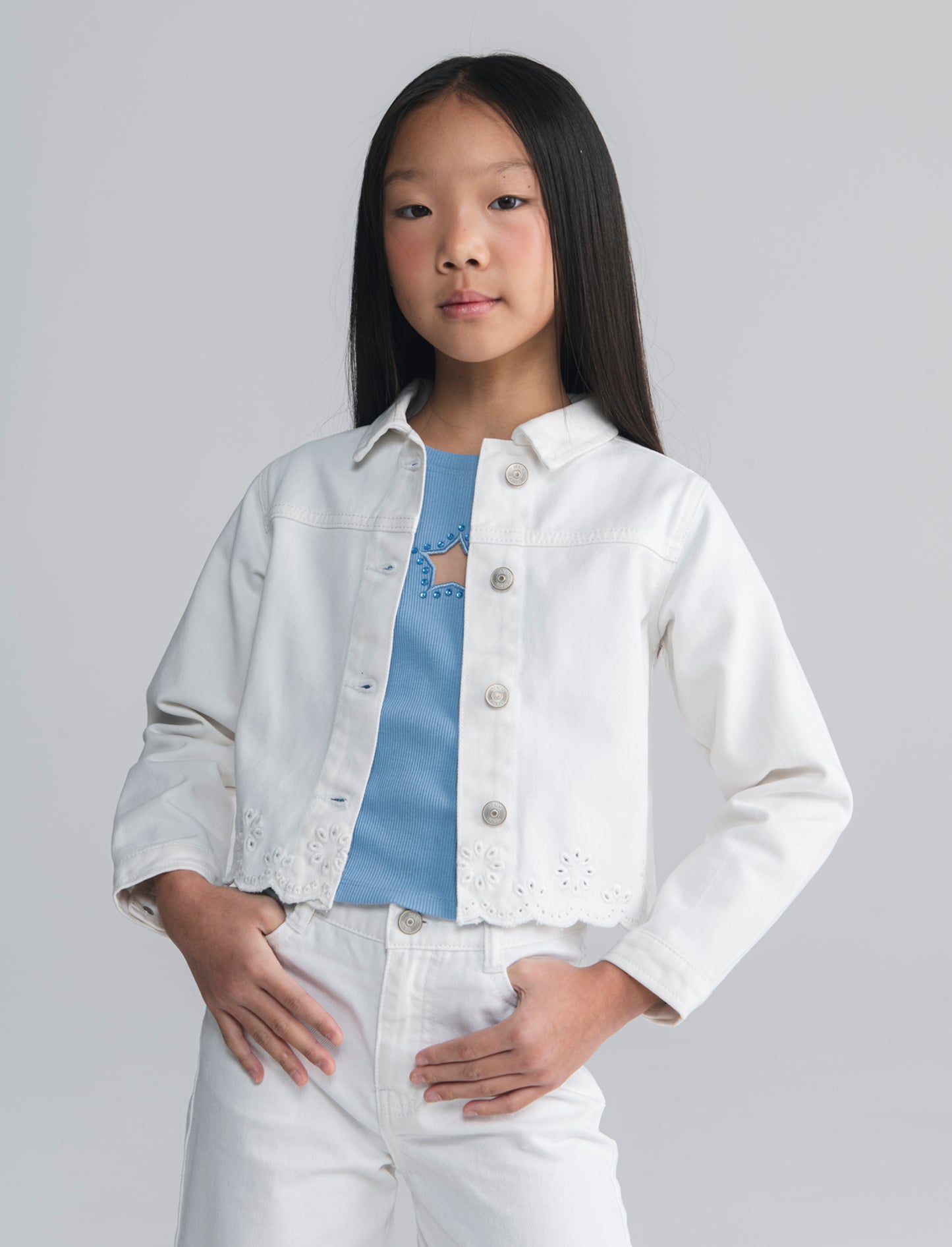 Giubbino in twill con ricamo traforato - Bianco latte