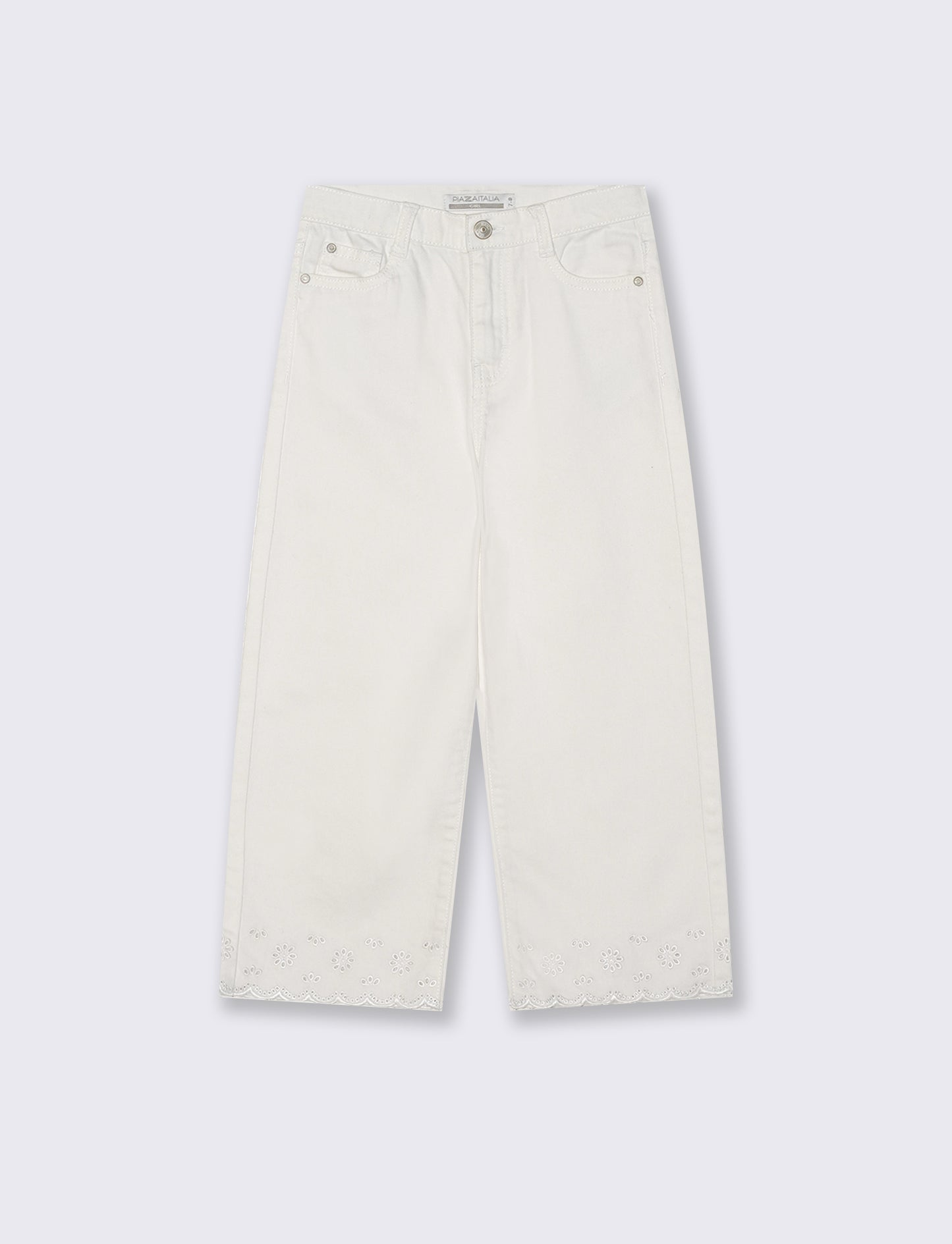Pantaloni wide leg in twill con ricamo - Bianco latte