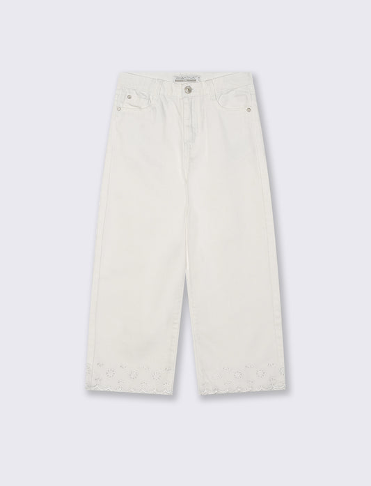 Wide leg twill pants with embroidery - White