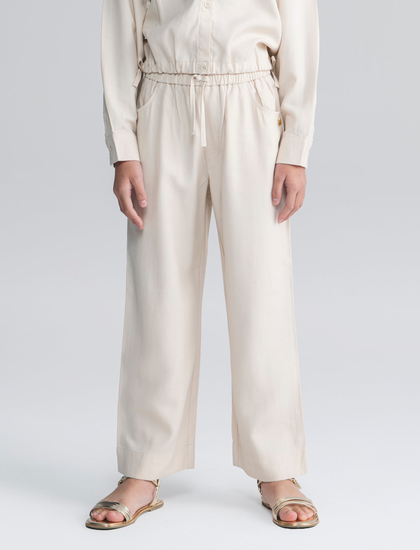 Wide-Leg Pants for Girls with Elastic - Beige
