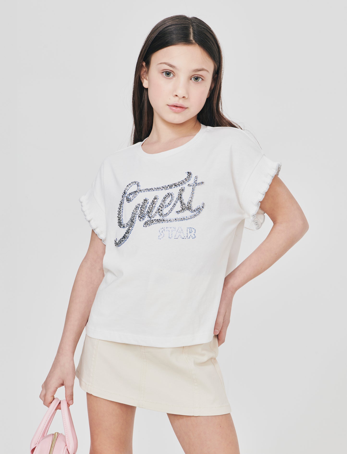 T-shirt cotone con maniche in costina e strass - Bianco latte