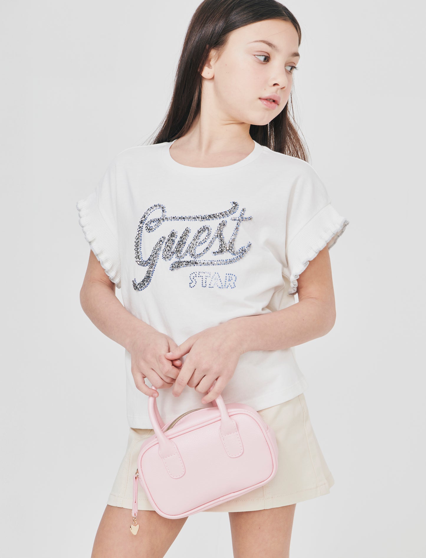 T-shirt cotone con maniche in costina e strass - Bianco latte