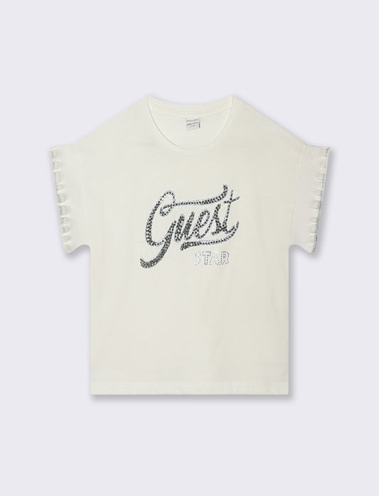 T-shirt cotone con maniche in costina e strass - Bianco latte