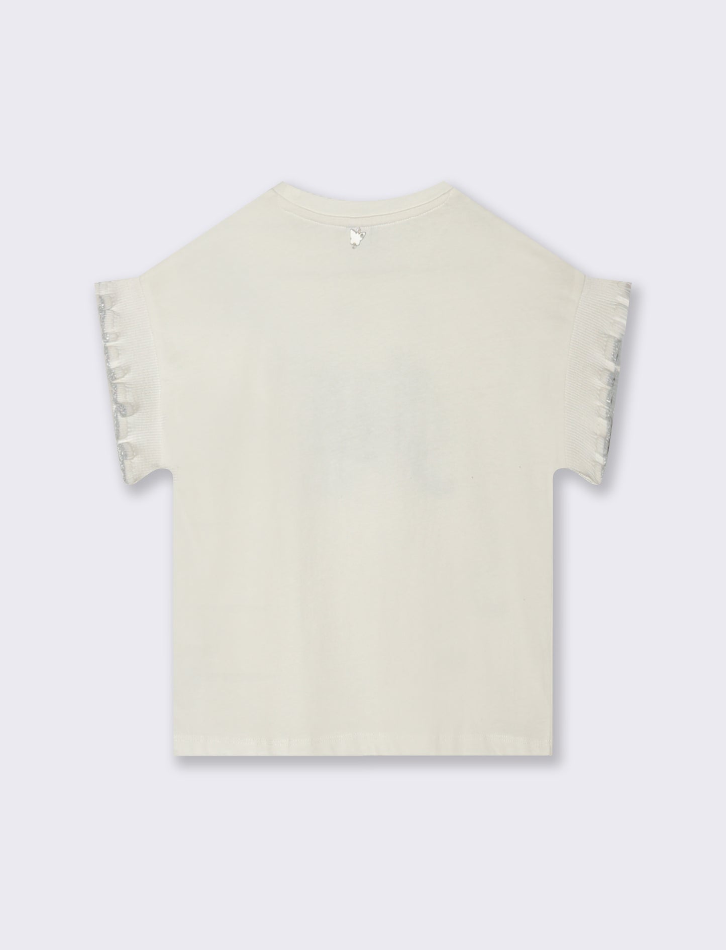T-shirt cotone con maniche in costina e strass - Bianco latte