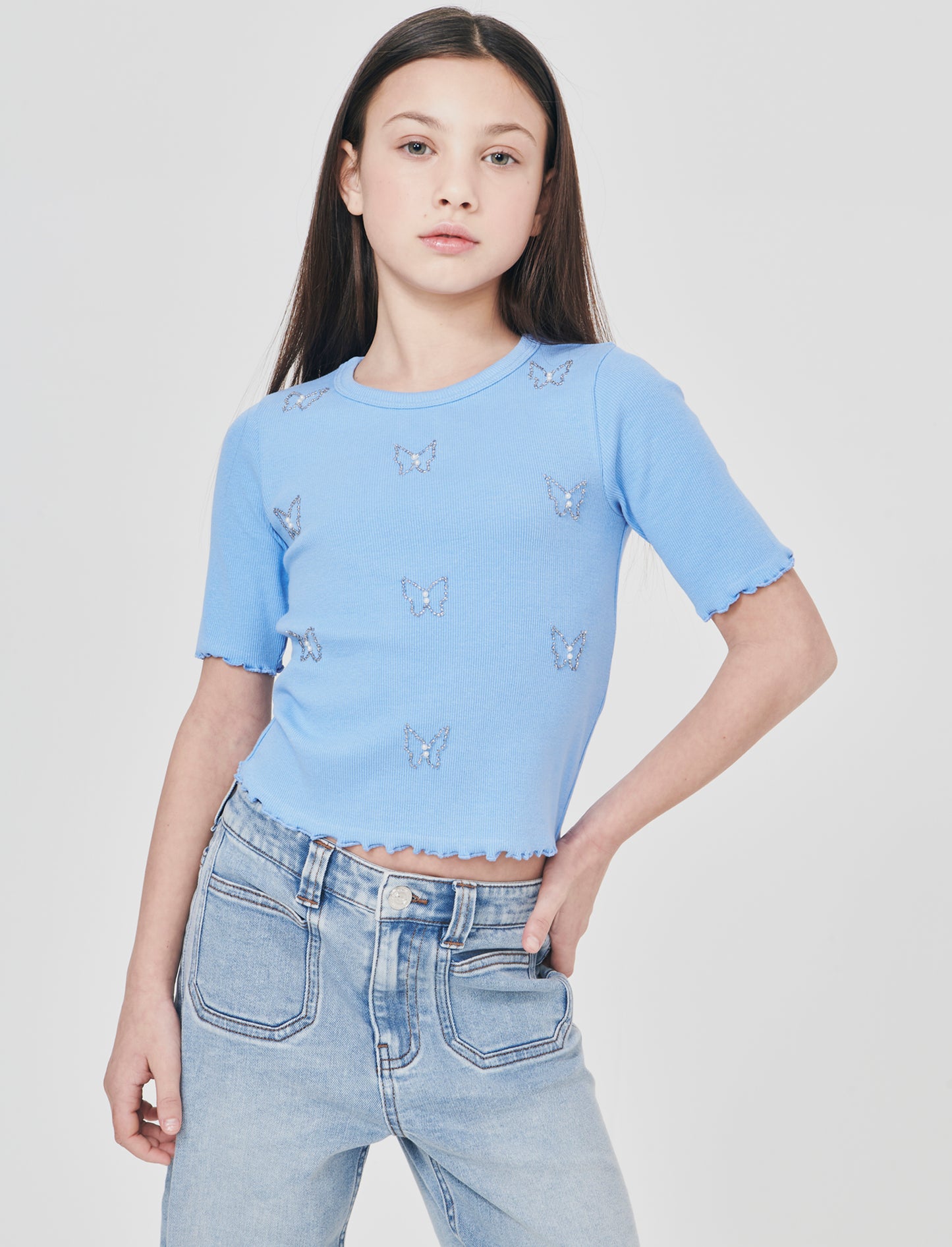 T-shirt mezza manica con perline e orli ondulati - Azzurro