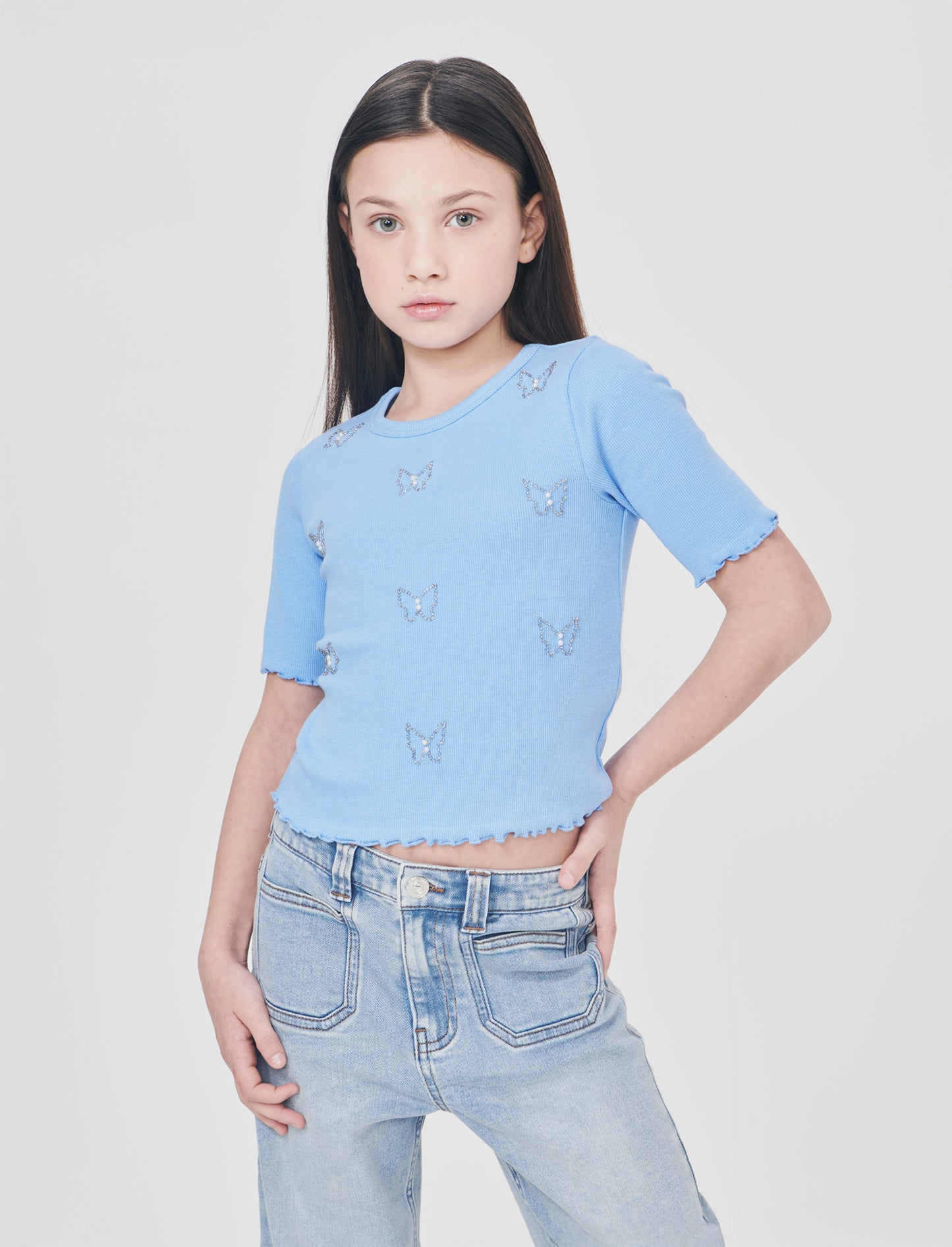 T-shirt mezza manica con perline e orli ondulati - Azzurro