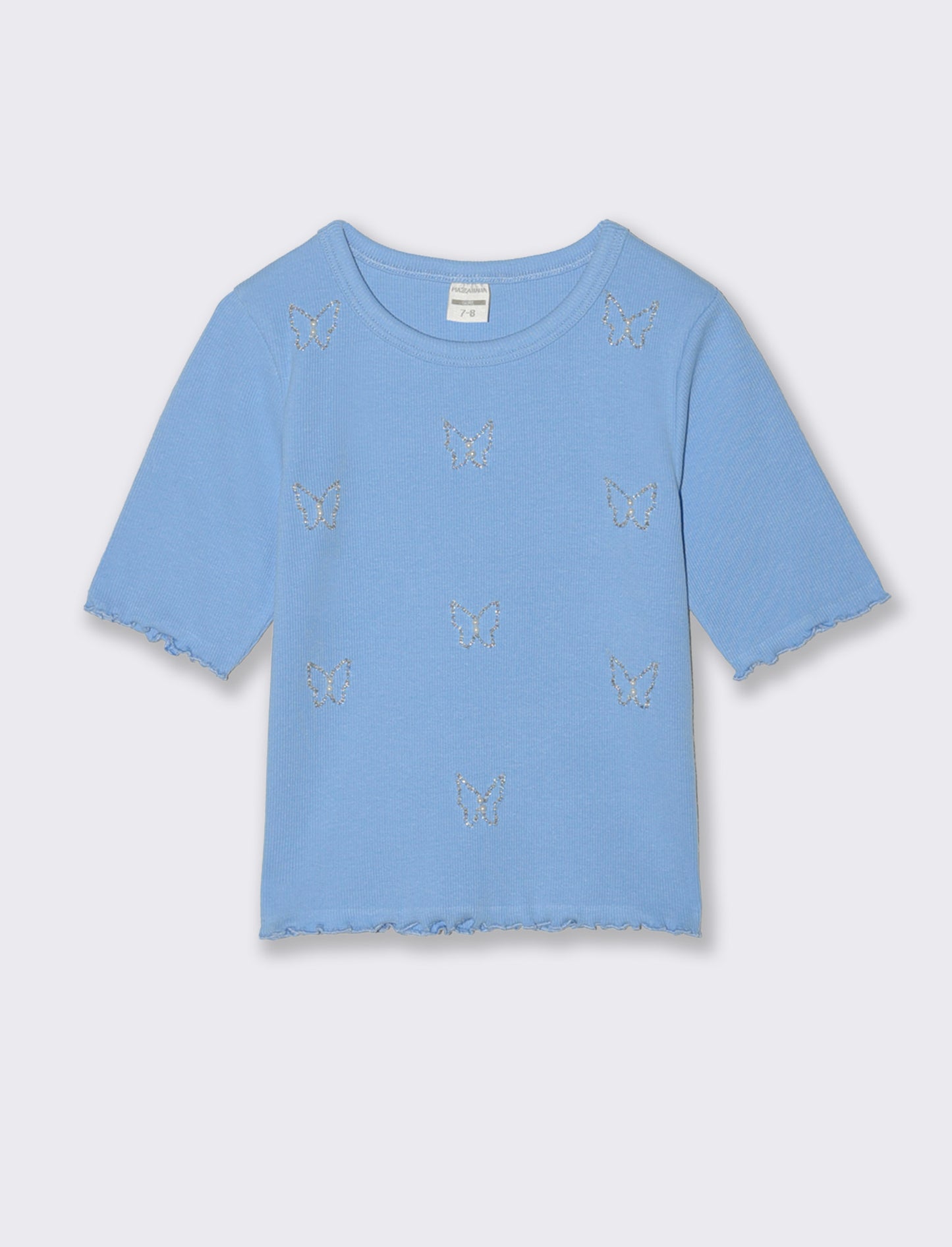 T-shirt mezza manica con perline e orli ondulati - Azzurro