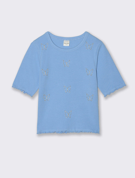 T-shirt mezza manica con perline e orli ondulati - Azzurro