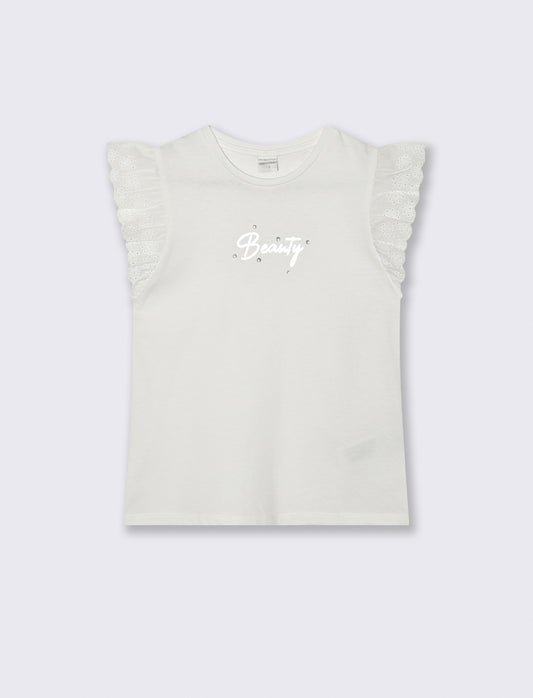 T-shirt estiva bambina con volant e strass - Bianco