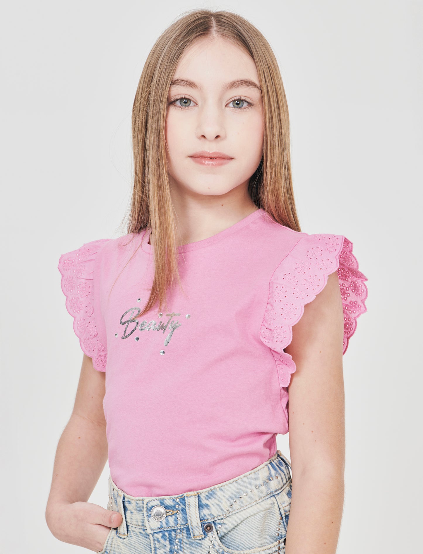 Summer T-shirt for girls with ruffles and rhinestones - Pink