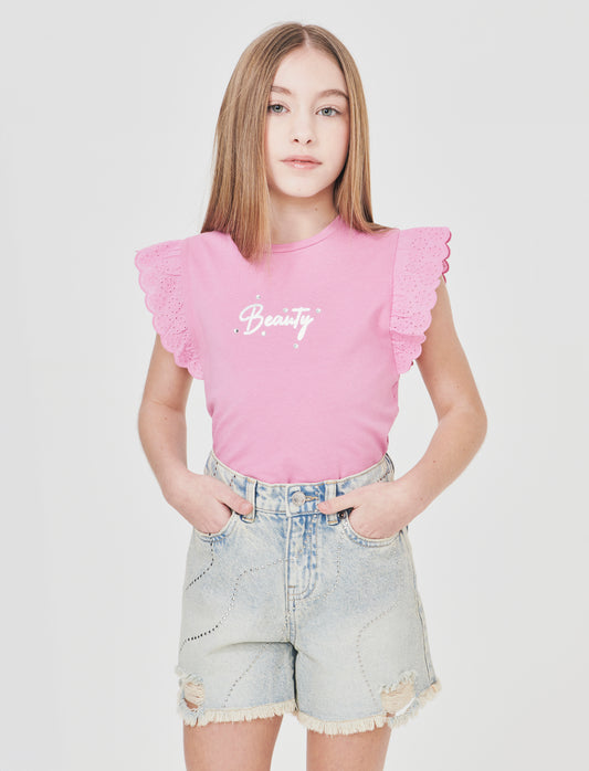 Summer T-shirt for girls with ruffles and rhinestones - Pink