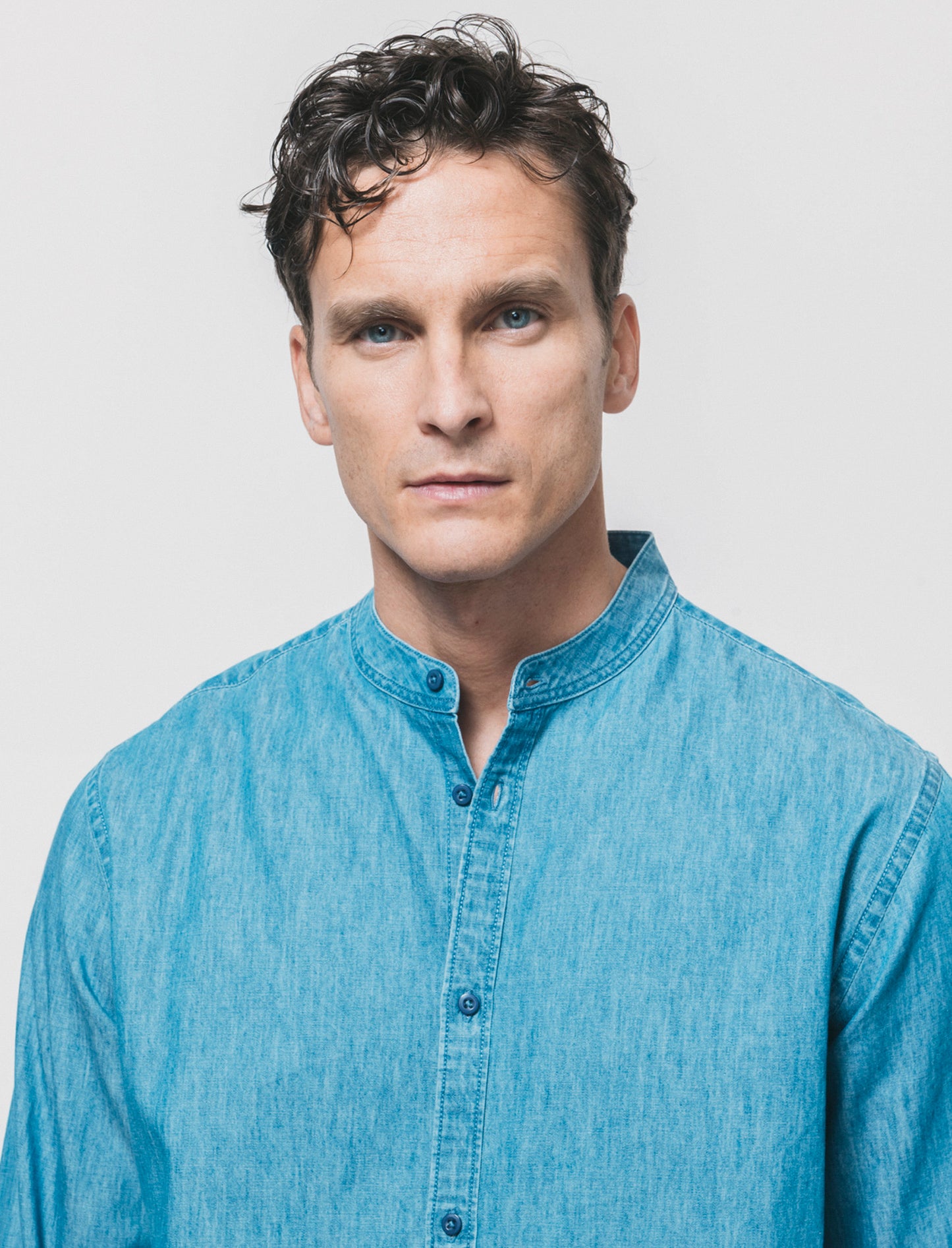 Camicia denim leggero con collo coreano - Denim