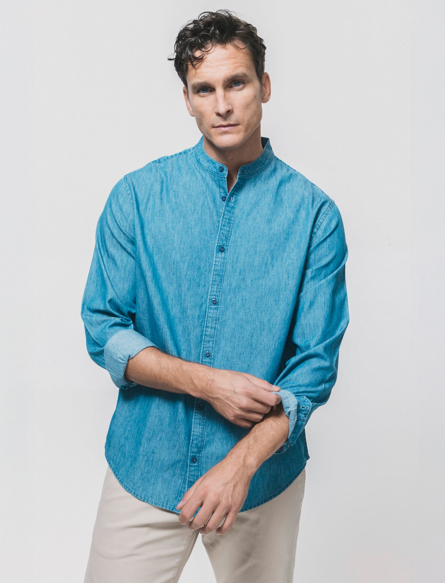 Camicia denim leggero con collo coreano - Denim