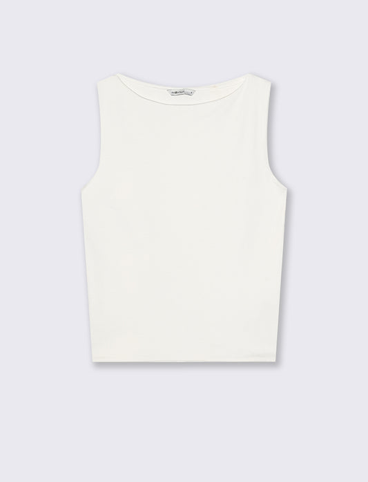 Top smanicato in cotone con scollo barca - Avorio