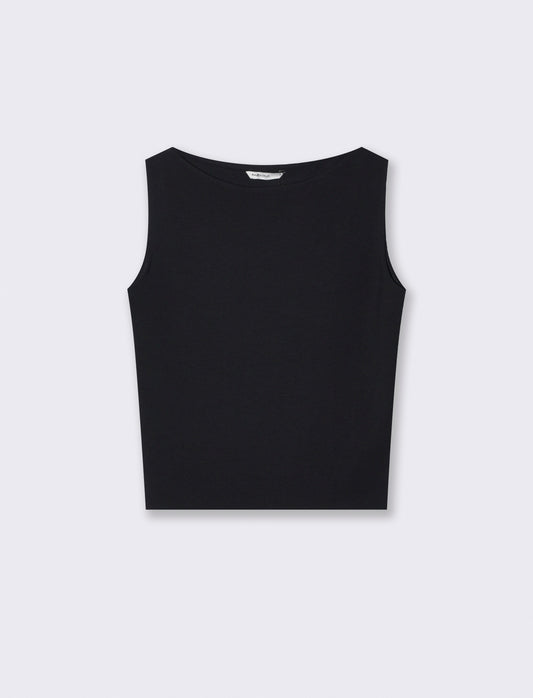 Top smanicato in cotone con scollo barca - Nero