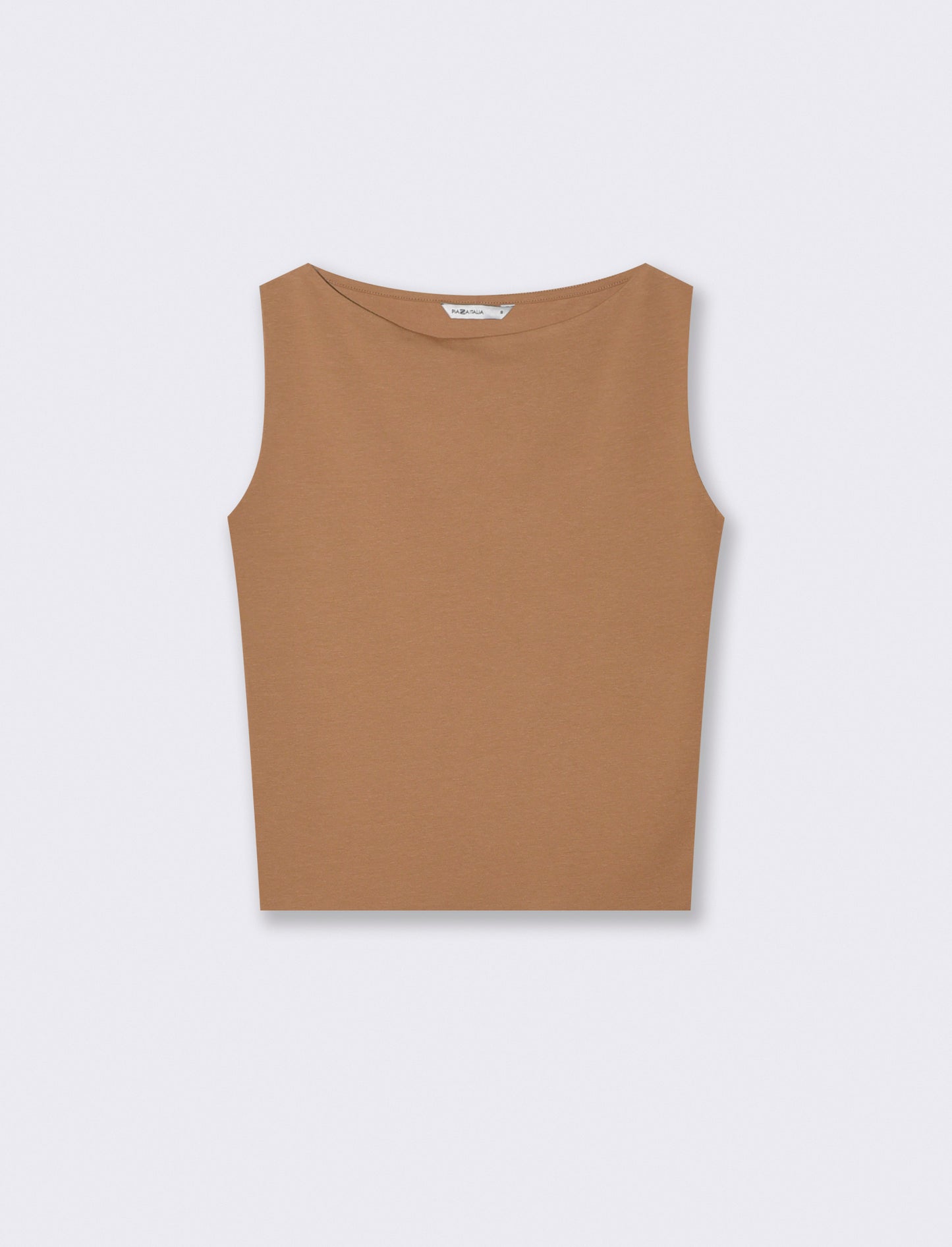 Top smanicato in cotone con scollo barca - Cammello