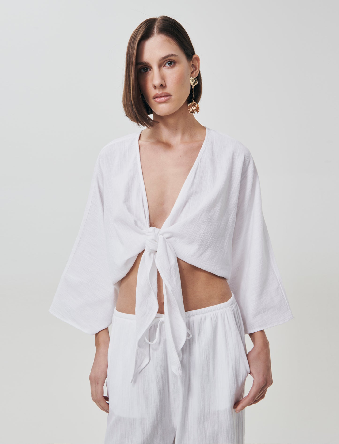 Casacca Kimono in Cotone con Nodo - Bianco