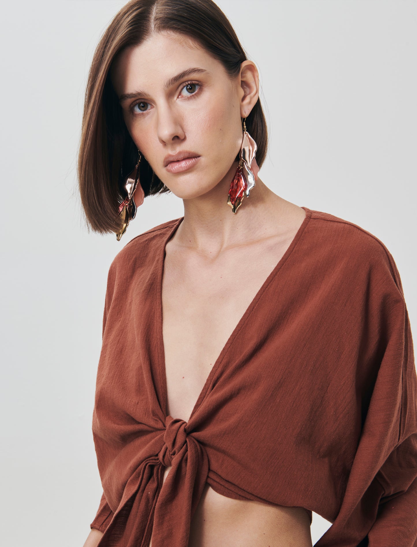 Casacca Kimono in Cotone con Nodo - Cognac