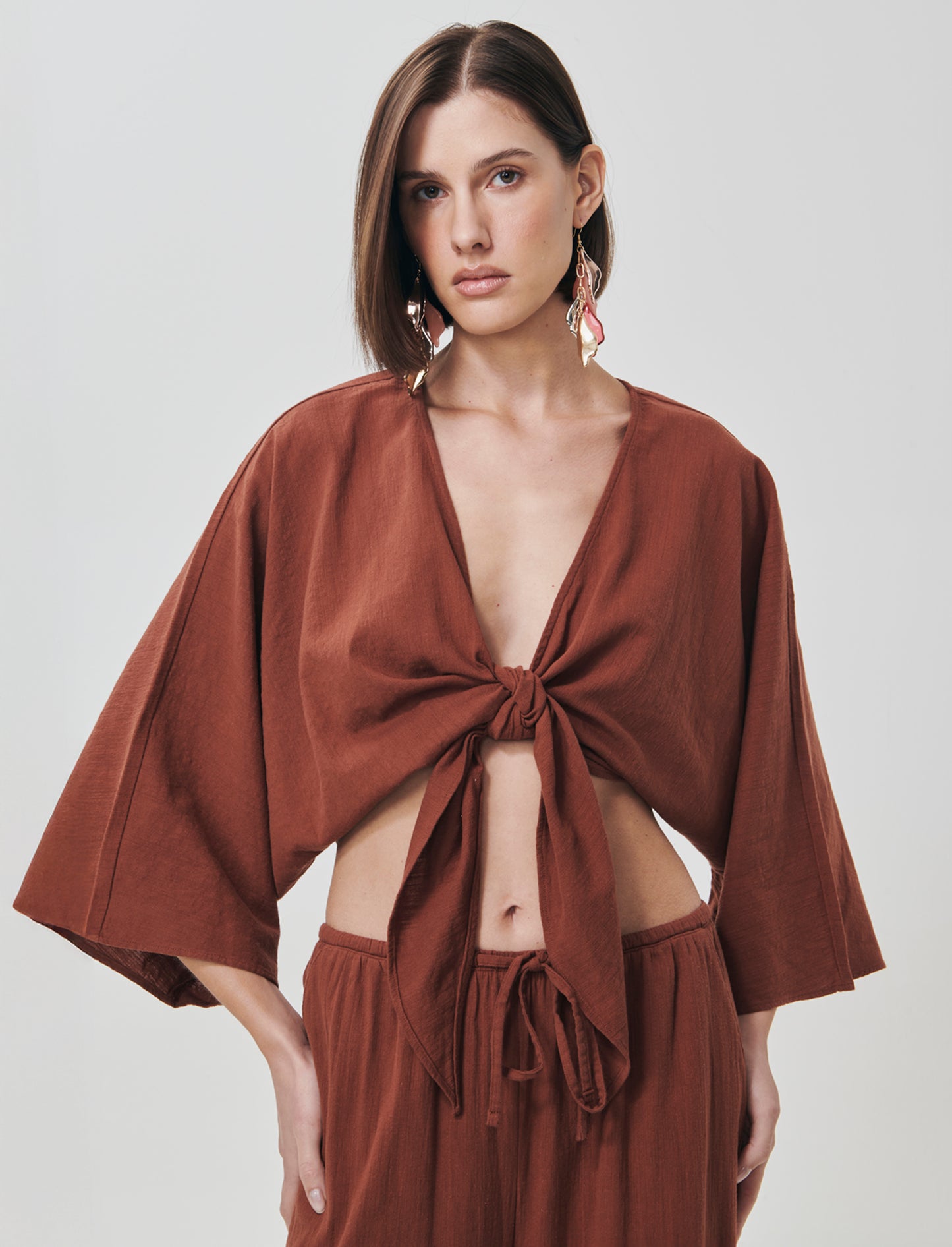 Casacca Kimono in Cotone con Nodo - Cognac